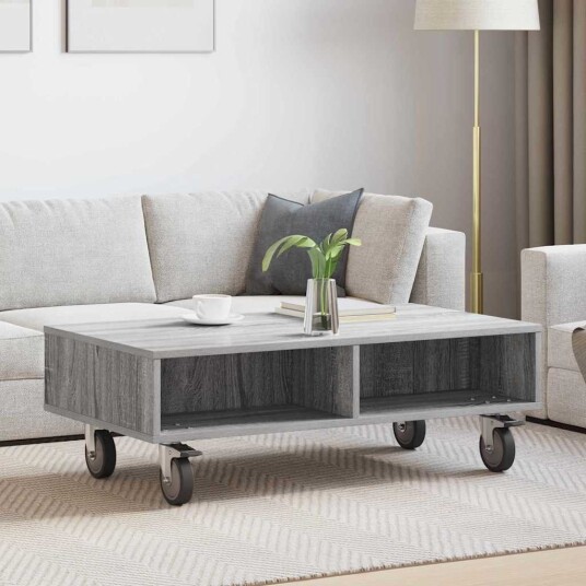 vidaXL Sidebord med hjul Grå Sonoma 90 x 50 x 30 cm Konstruert tre
