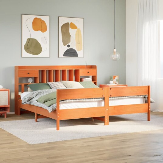 Seng med bokhylle uten madrass voksbrun 200x200 cm heltre furu 8721158618030