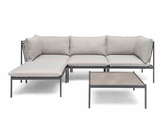 Hillerstorp Bolmsö soffgrupp Svart med grå dyna 2 hörn mittdel pall & bord 80x80 cm