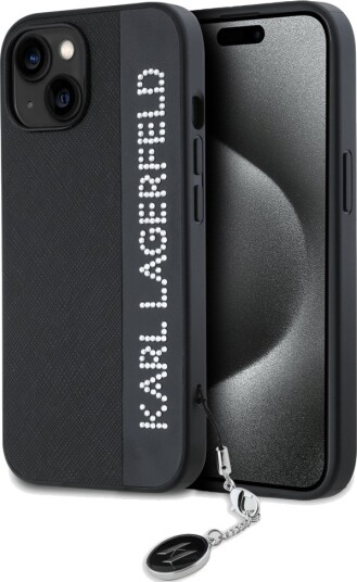 Karl Lagerfeld Saffiano Mobildeksel med Rhinestones & Charm for iPhone 15/14/13 - Svart