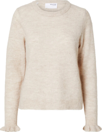 Selected Femme Lulu Long Sleeve Knit Frill Cuff O-Neck Beige L