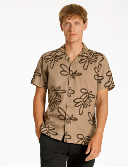 Lindbergh Embroidered Cotton Shirt S/S - Beige - L