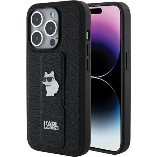 Karl Lagerfeld Mobildeksel til iPhone 15 Pro Max 6,7" Svart Hardcase med Gripstand Saffiano Choupette Pins