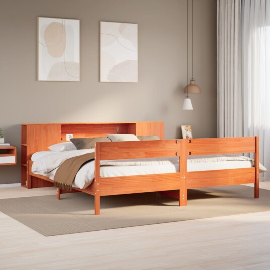  Seng med bokhylle uten madrass voksbrun 200x200 cm heltre furu 8721158617255