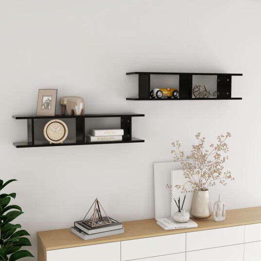 vidaXL Vegghyller 2 stk svart 90x18x20 cm sponplate vidaXL Vegghyller 2 stk svart 90x18x20 cm sponplate