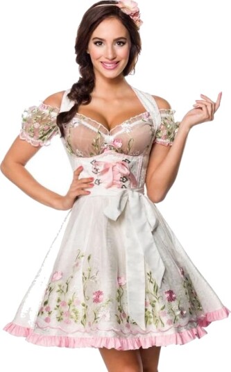 Hvit Dirndl Oktoberfestkjole i Luksuskvalitet med Utformet Blomster på Forkle S Hvit Dirndl Oktoberfestkjole i Luksuskvalitet med Utformet Blomster på Forkle S