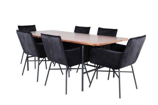 Venture Design Uno & Petra spisegruppe Svart/natur 6 stoler & bord 200 x 90 cm