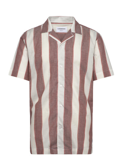 Lindbergh Striped Linen/Cotton Shirt S/S - Brown - S Lindbergh Striped Linen/Cotton Shirt S/S - Brown - S