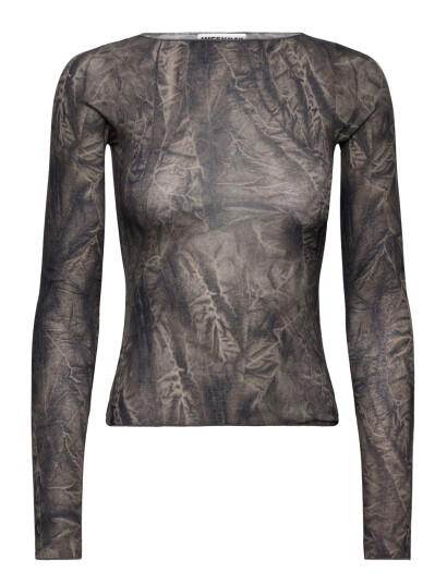 Weekday Slim Fit Printed Long-Sleeved Boat-Neck Top - Grey - XS