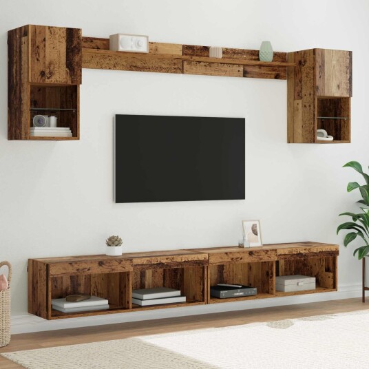 TV veggenheter med LED med LED 6 pcs Gammelt tre Konstruert tre