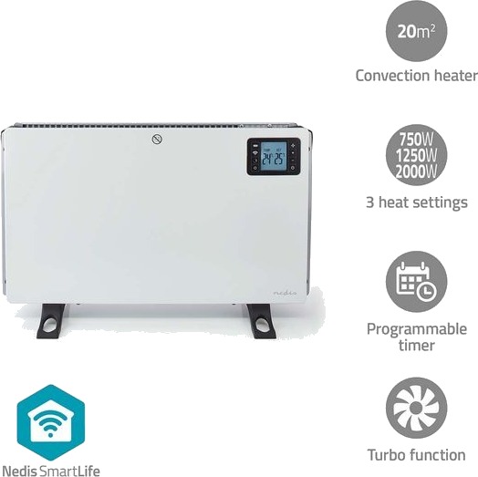 Nedis SmartLife Konveksjon Varmeapparat | Wi-Fi | 2000 W | 3 Varmeinnstillinger | LCD | 5 - 37 °C | Justerbar termostat | Hvit