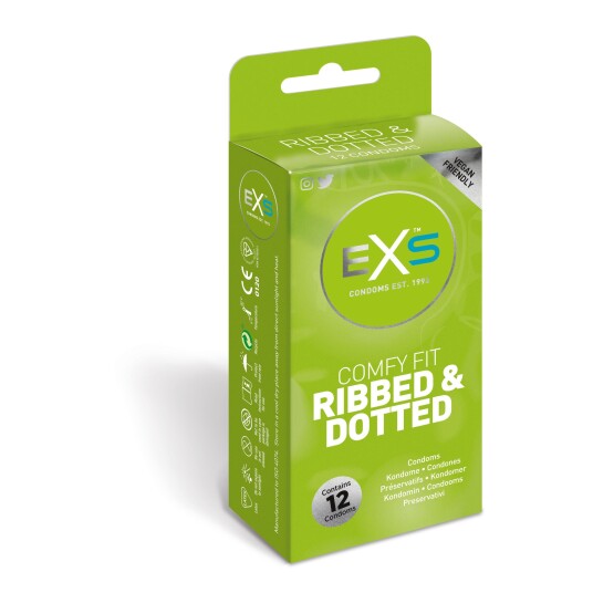 EXS 3in1 Comfy Fit Ribbed & Dotted Kondomer 12 stk   - Klar