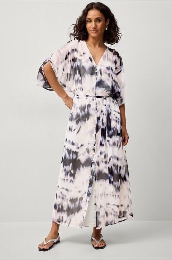 Ellos Collection Kaftan i chiffon med knappelukking og knyteskjerf Beige