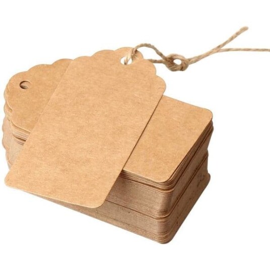 100 stk brune prislapper i kraftpapir – 5 × 3 cm med jutesnor etiketter for gaver og DIY