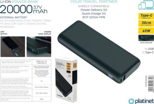 Platinet Strømforsyningsenhet 20000Mah Pmpb2065b, Svart