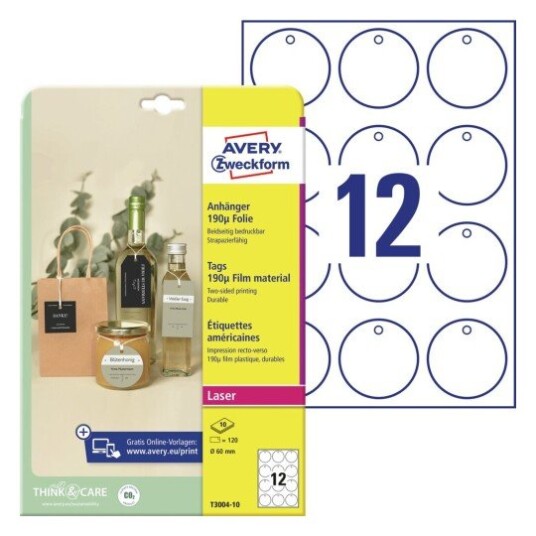 Avery Tags slitesterk film 190µ mikroperforert 60 mm rund hvit dia 60 modell T3004-10 Dia 60 Avery Tags slitesterk film 190µ mikroperforert 60 mm rund hvit dia 60 modell T3004-10 Dia 60