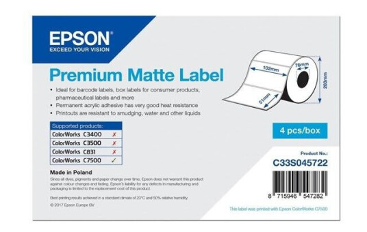 Epson Premium Matte Label - Die-cut Roll: 102mm x 51mm / C33S045722 Epson Premium Matte Label - Die-cut Roll: 102mm x 51mm / C33S045722