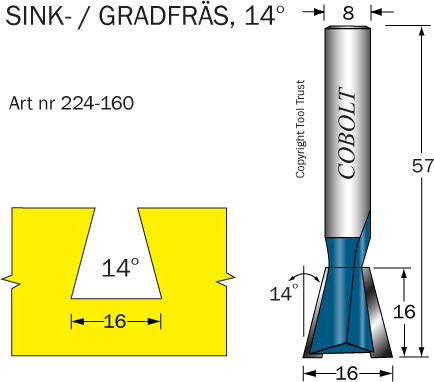 Cobolt 224-160 Sinkfres 14° D=16 L=16 TL=57 S=8 Maskintilbehør & forbruk
