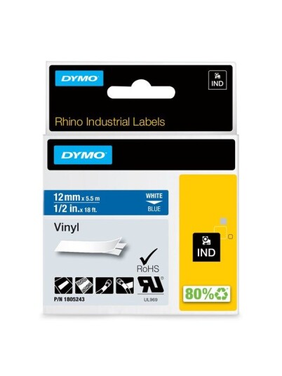 DYMO Rhino industri vinyl tape,12 mm x 5.5 m rull, hvit p bl, selvklebende