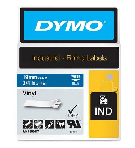 DYMO Rhino industri vinyl tape,19 mm x 5.5 m rull, hvit p bl, selvklebende