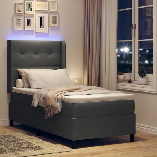 Box Spring Seng med Madrass og LED Mørkegrå 90x200 cm Stoff