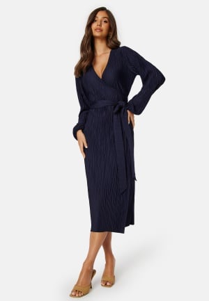 BUBBLEROOM Pleated Wrap Midi Dress Navy XS