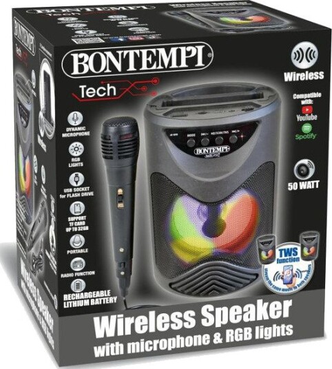 Bontempi Sound Box Karaoke Lekehøyttaler Trådløs Med Mikrofon Og RGB-lys Perfekt Til Fester