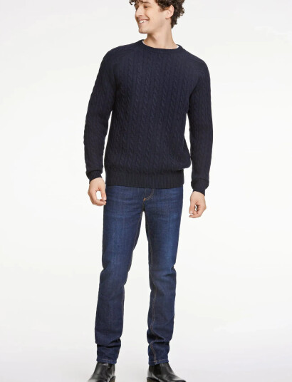 Lindbergh Lambswool Raglan Cable O-Neck Knit - Navy - XL