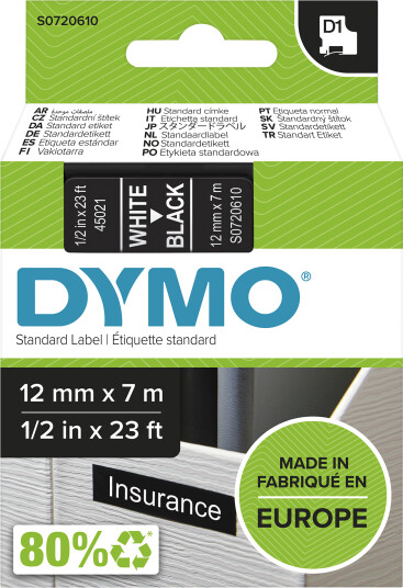 DYMO D1 tape, 12mm x 7m rull, hvit på sort, selvklebende tape til LabelManager printere, original DYMO D1 tape, 12mm x 7m rull, hvit på sort, selvklebende tape til LabelManager printere, original