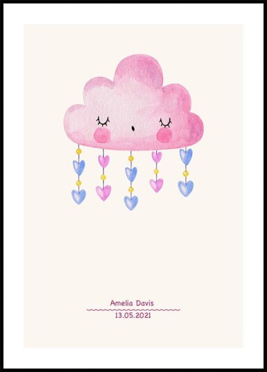 Pink Watercolor Cloud Personalized Baby girl Plakat Plakat / 21x30cm
