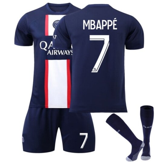 Paris 22/23 Fotballsett Barn Hjemmetrening T-skjorte Shorts Dress Voksen Barn Nyeste fotballdrakter MBAPPE 7 Kids 26(140-150CM)