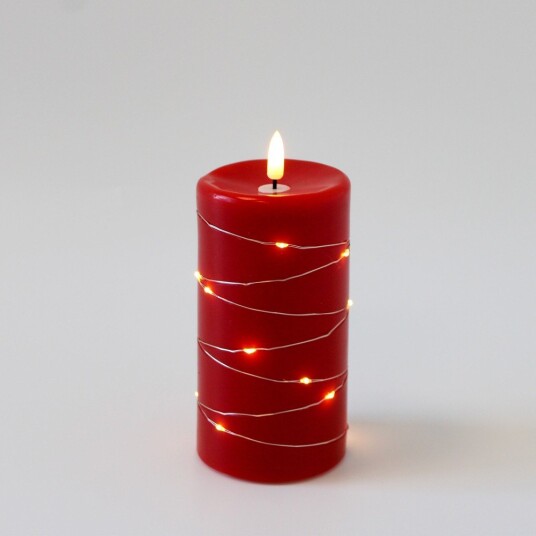 Ledlife LED Blokklys med lyslenke 15cm høy flammeeffekt   Ø7,5cm fungerer m. fjernkontroll ekte stearin rød