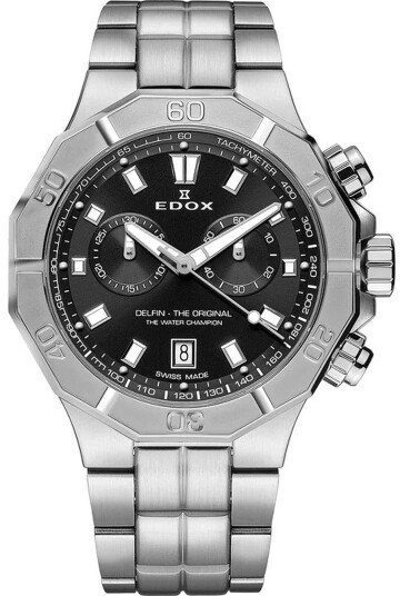 Edox Herreklokke 10113 3M NIN Delfin Sort/Stål Ø43 mm