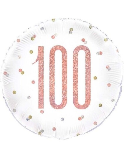 Unique 100 års Feiring Hvit og Rosegull Holografisk Folieballong 45 cm