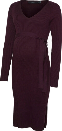 Vero Moda Maternity Saba Rib Long Sleeve V Neck Belt Dress Burgunder XL