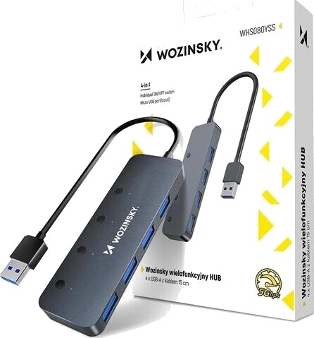 Wozinsky WHS080YSS USB A Hub 4x USB A 3.0 med individuelle brytere aluminium 30 cm kabel grå