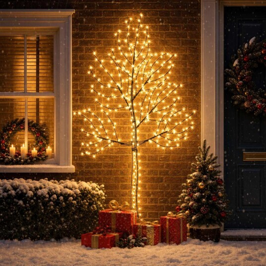 vidaXL Vegghengt LED-juletre 210 cm 312 LED-lys Varmhvit Stål Svart