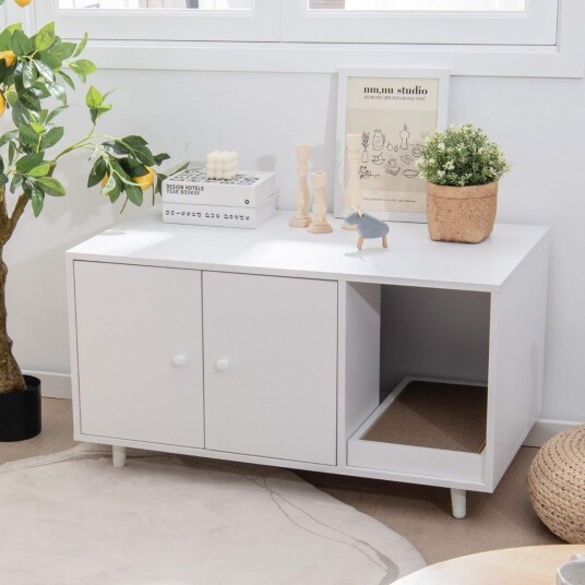 2 i 1 sidebord og katteskap med skrapebrett Kattesøppel 90 x 50 x 50 cm Sofabord Hvit