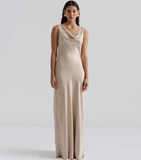 Malina Leah Cowl Satin Maxi Dress Beige L Malina Leah Cowl Satin Maxi Dress Beige L
