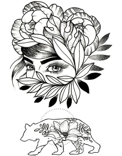 Flowered Woman & Bear 2 stk Tatoveringer Fake Tattoo