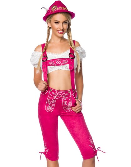 Lang Rosa Lederhosen til Dame med Lommer og Broderi Strl 34