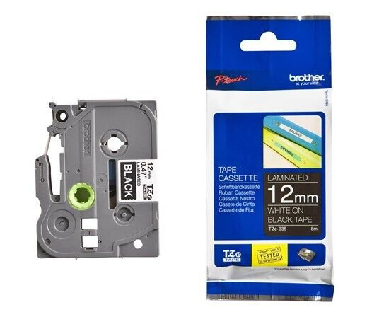 Brother TZe335 12mm (0.47") White on Black Label tape for P-Touch 8m Brother TZe335 12mm (0.47") White on Black Label tape for P-Touch 8m