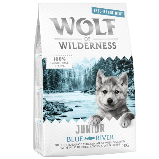 Wolf Of Wilderness Junior "Blue River" Frittgående Kylling & Laks 1 kg Wolf Of Wilderness Junior "Blue River" Frittgående Kylling & Laks 1 kg