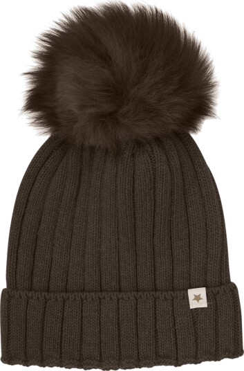 Huttelihut Dark Brown Melange Lue Strikk Alpaca Pompom 4-6 år/53