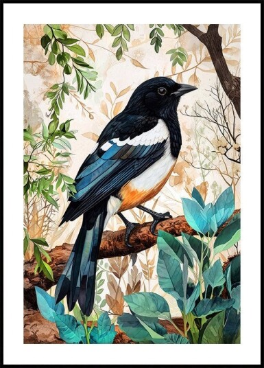 Animal Watercolor Art Bird Magpie Plakat Plakat / 30x40cm