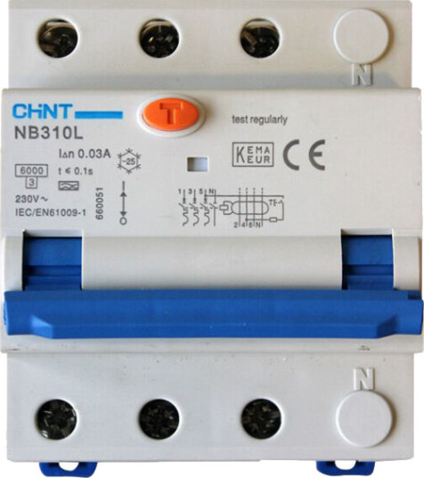 Chint JORDFEILAUTOMAT 3POL 40A B-KAR 30 mA 6kA 4mod IT/TT 230V - 1600494