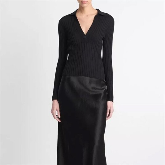 Vince Italian Wool-Blend Snap Polo Sweater Black