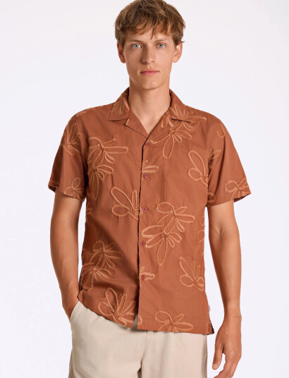 Lindbergh Embroidered Cotton Shirt S/S - Red - L