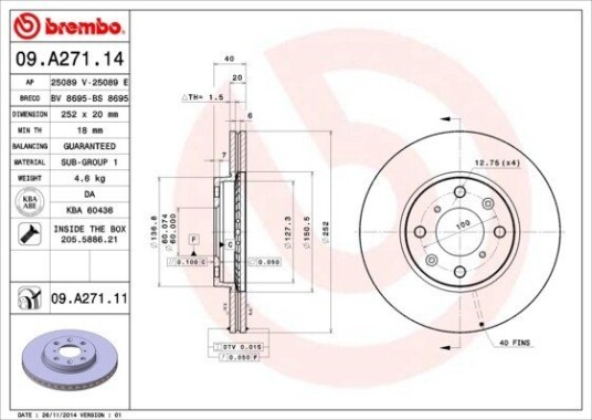 BREMBO 09.A271.14 Bremseskive