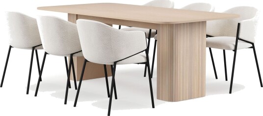 Kopparbo Spisebord 200-260 cm Uttrekkbart med ileggsplate med 6 Filip Spisestoler - Hvit / Hvit Bouclé